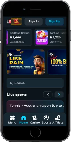 AK BET Nigeria mobile app screens showing sports betting and casino